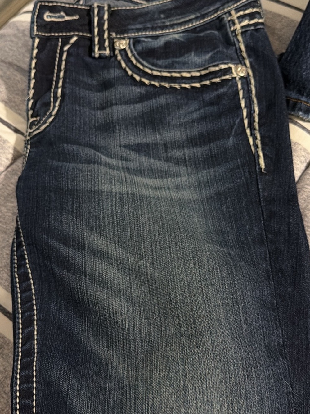 Miss Me Dark Blue Skinny Jeans with White Contrast Stitching